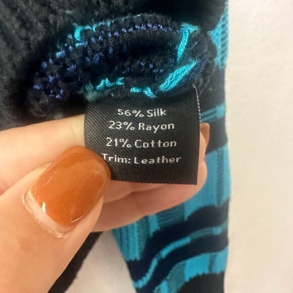 Rodina‎ NY cardigan sweater women L blue black square silk blend leather trim - Picture 4 of 4